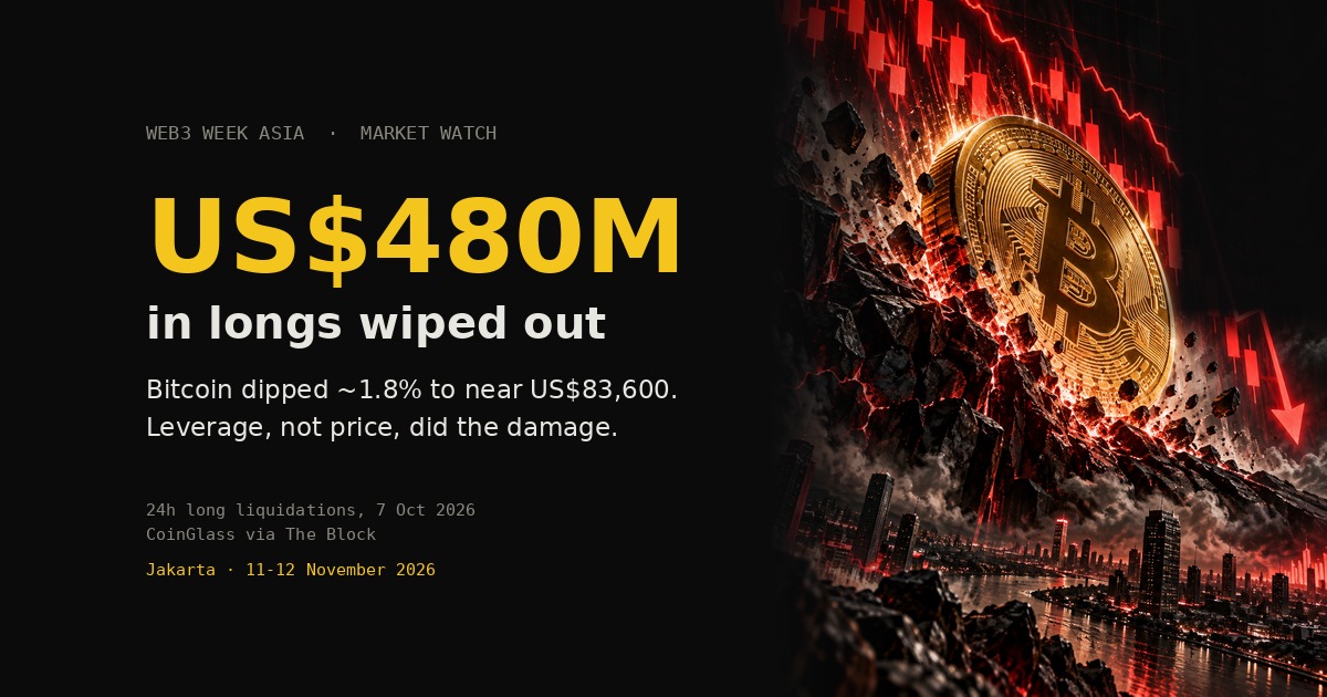 Bitcoin Dips 2%, US$480M in Longs Wiped Out | W3W